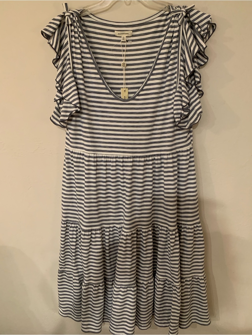 Max Studio Blue & White Striped Ruffle-Sleeve Tie Accent Tiered Dress NWT